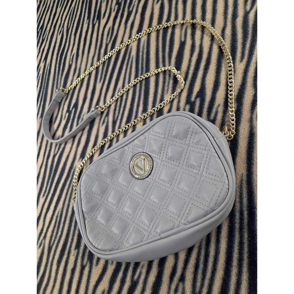 Vera New York Grey Quilted Crossbody Bag Vegan Leather Gold Chain Strap Small
